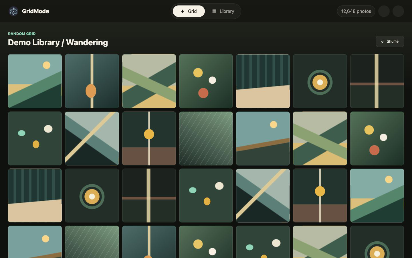 GridMode dashboard displaying a grid of fictional landscape and still-life photos
